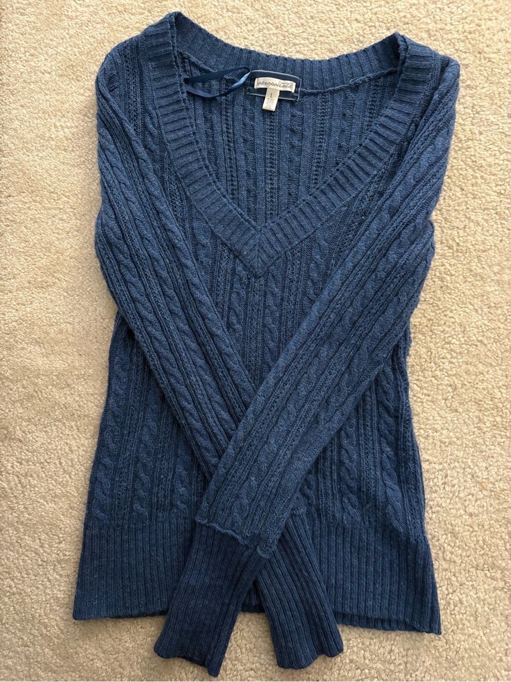 Indigo Cable Knit V-Neck Sweater - Aeropostale Womenโs Large